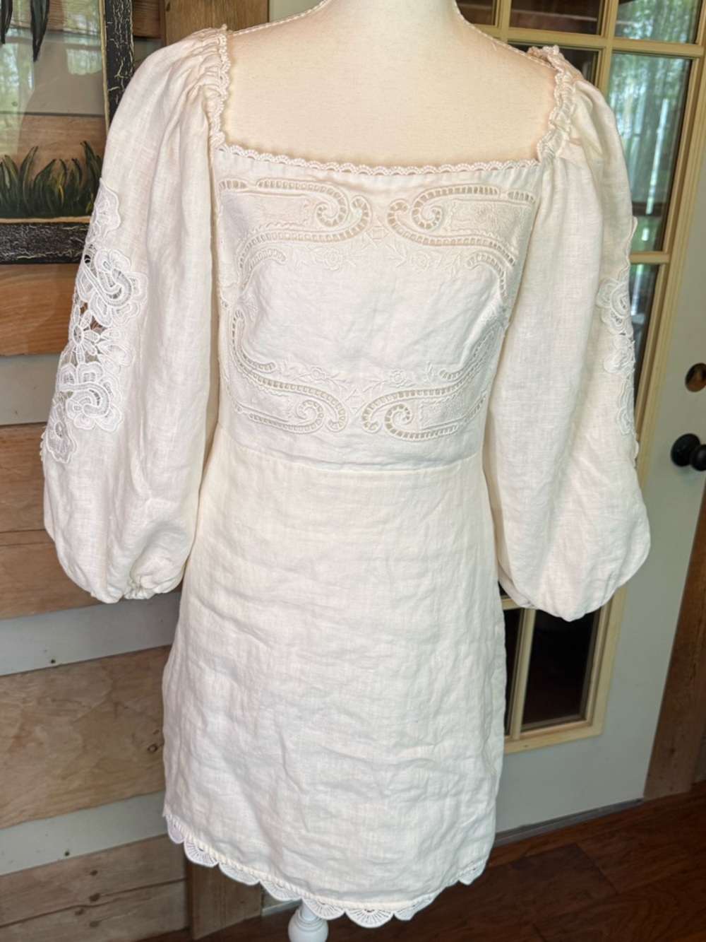 FARM Rio Cream Embroidered Square-Neck Linen Dress M